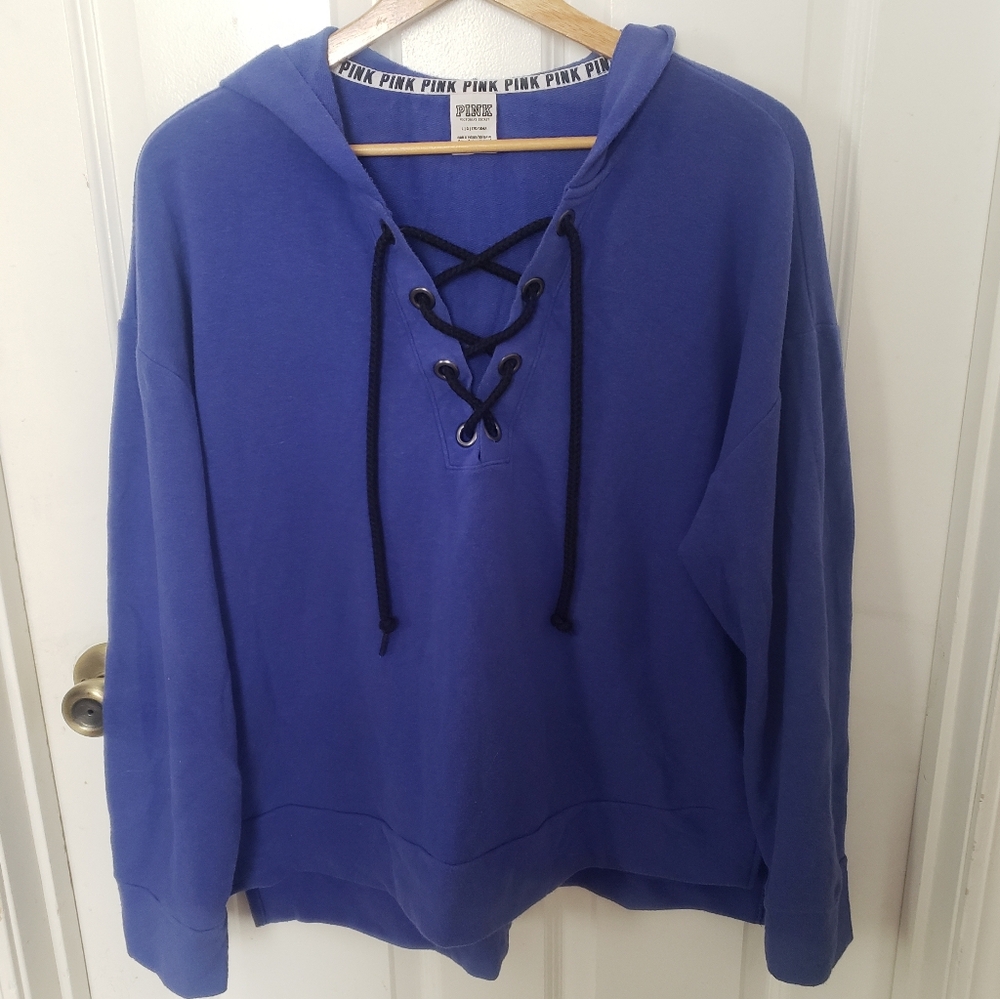 PINK Victorias Secret Blue Lace Up Hoodie Spellout Large